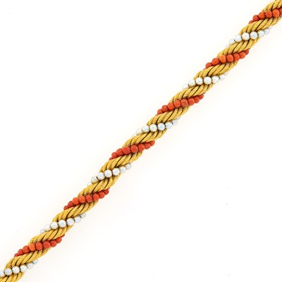 Lot 1090 - Gold, Coral Bead and Cultured Pearl Twist Bracelet