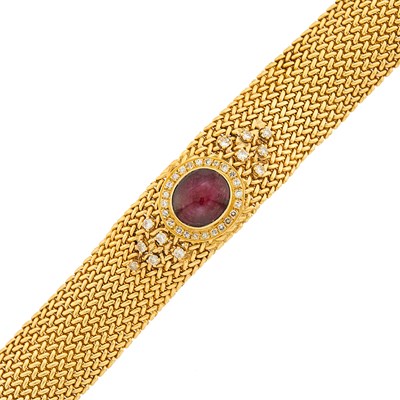 Lot 1259 - Gold, Star Ruby and Diamond Mesh Bracelet