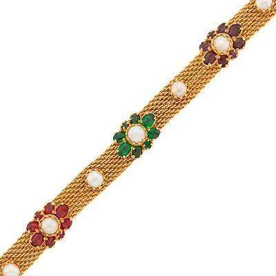 Lot 1265 - Gold, Cultured Pearl and Simulated Stone Mesh Bracelet