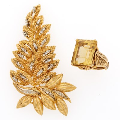 Lot 1094 - Two-Color Gold and Diamond Brooch and Citrine Ring