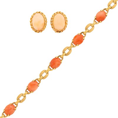 Lot 1269 - Gold and Coral Bracelet and Pair of Angel Skin Coral Earclips