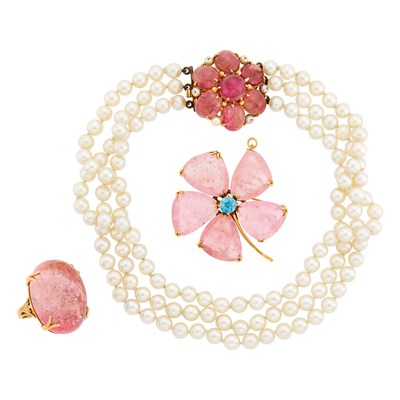 Lot 1281 - Triple Strand Gold, Cultured Pearl and Cabochon Pink Tourmaline Necklace, Flower Pendant-Brooch and Ring