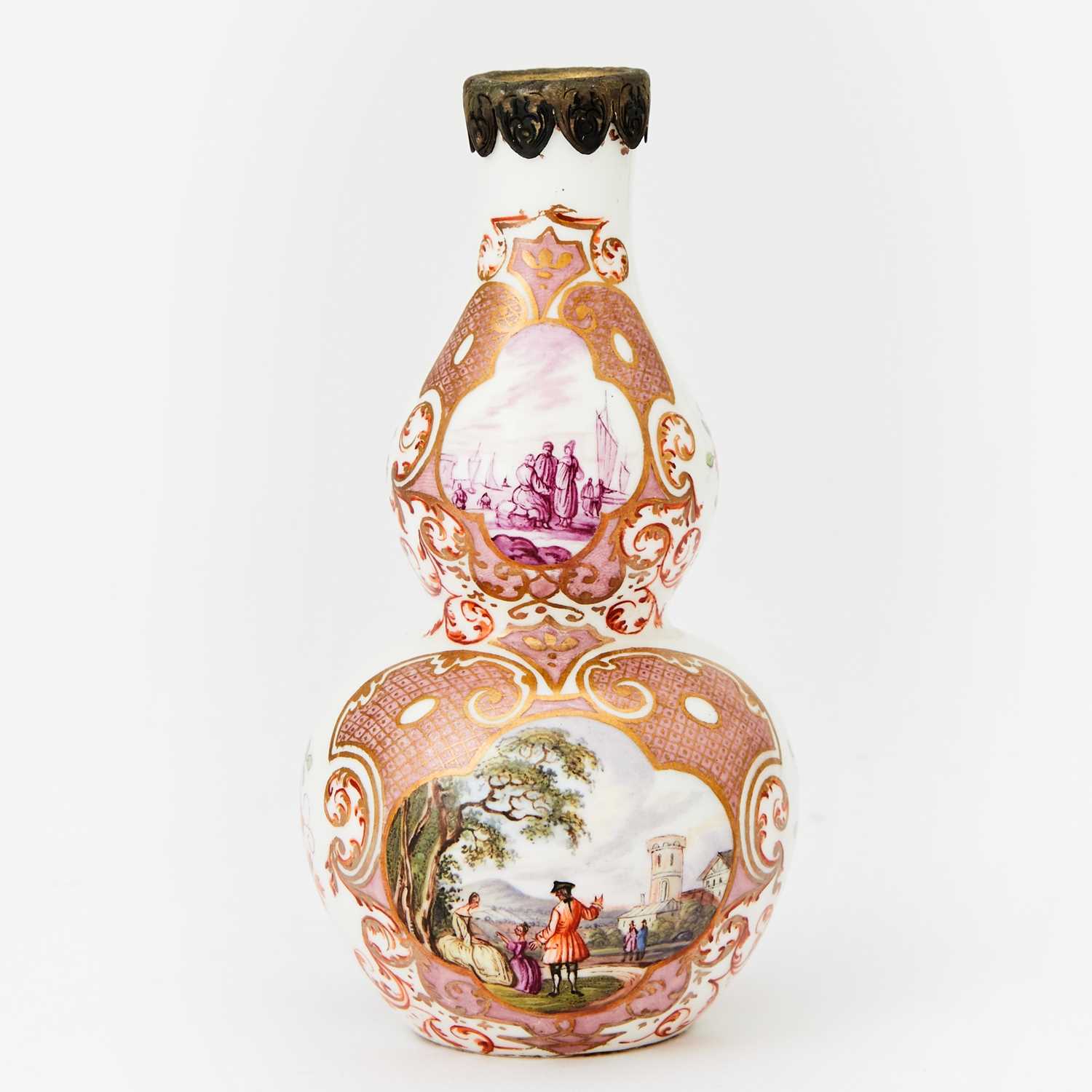 Lot 547 - Meissen (outside-decorated) Small Silvered Metal-Mounted Double-Gourd Bottle Vase