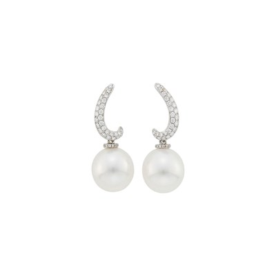 Lot 3143 - Pair of White Gold, South Sea Cultured Pearl and Diamond Pendant-Earrings