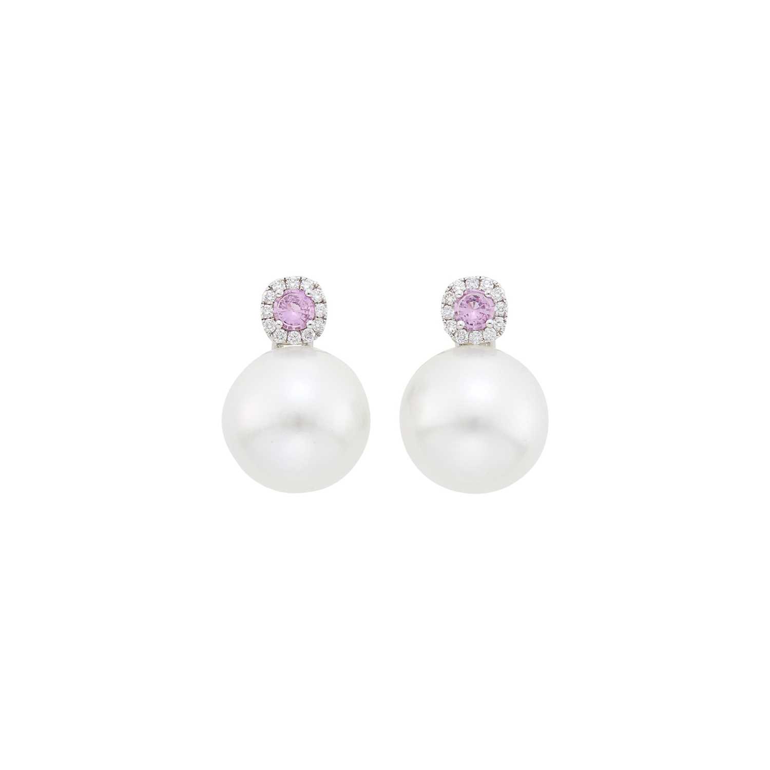 Lot 1074 - Pair of White Gold, South Sea Cultured Pearl, Pink Sapphire and Diamond Pendant-Earrings