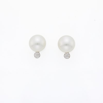 Lot 1174 - Pair of White Gold, South Sea Cultured Pearl and Diamond Earrings