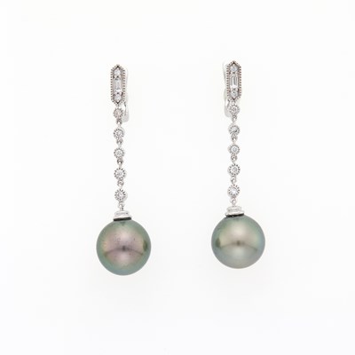 Lot 1193 - Pair of White Gold, Tahitian Gray Cultured Pearl and Diamond Pendant-Earrings