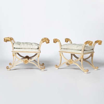 Lot 185 - Pair of Empire Style Painted and Parcel-Gilt Stools