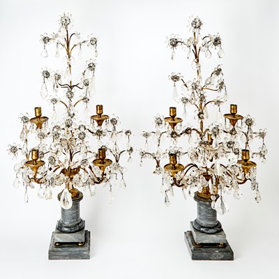 Lot 616 - Pair of Louis XVI Style Brass, Glass, Rock Crystal, and Bleu Turquin Marble Five-Light Girandoles