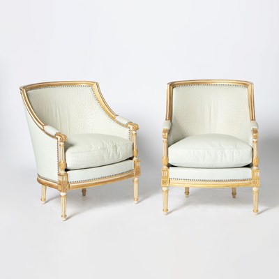 Lot 159 - Pair of Louis XVI Style Ostrich Upholstered Painted and Parcel-Gilt Bergères