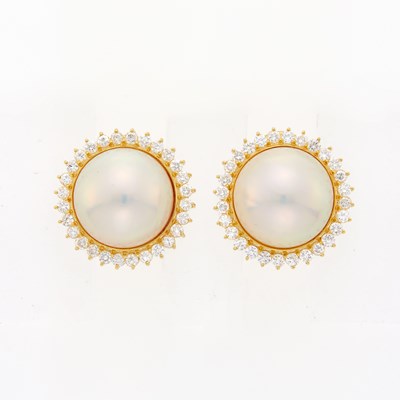 Lot 1063 - Pair of Gold, Mabé Pearl and Diamond Earclips