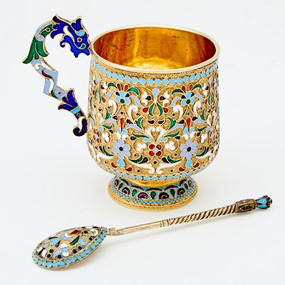 Lot 204 - Russian Silver-Gilt and Cloisonné Enamel Cup and Spoon