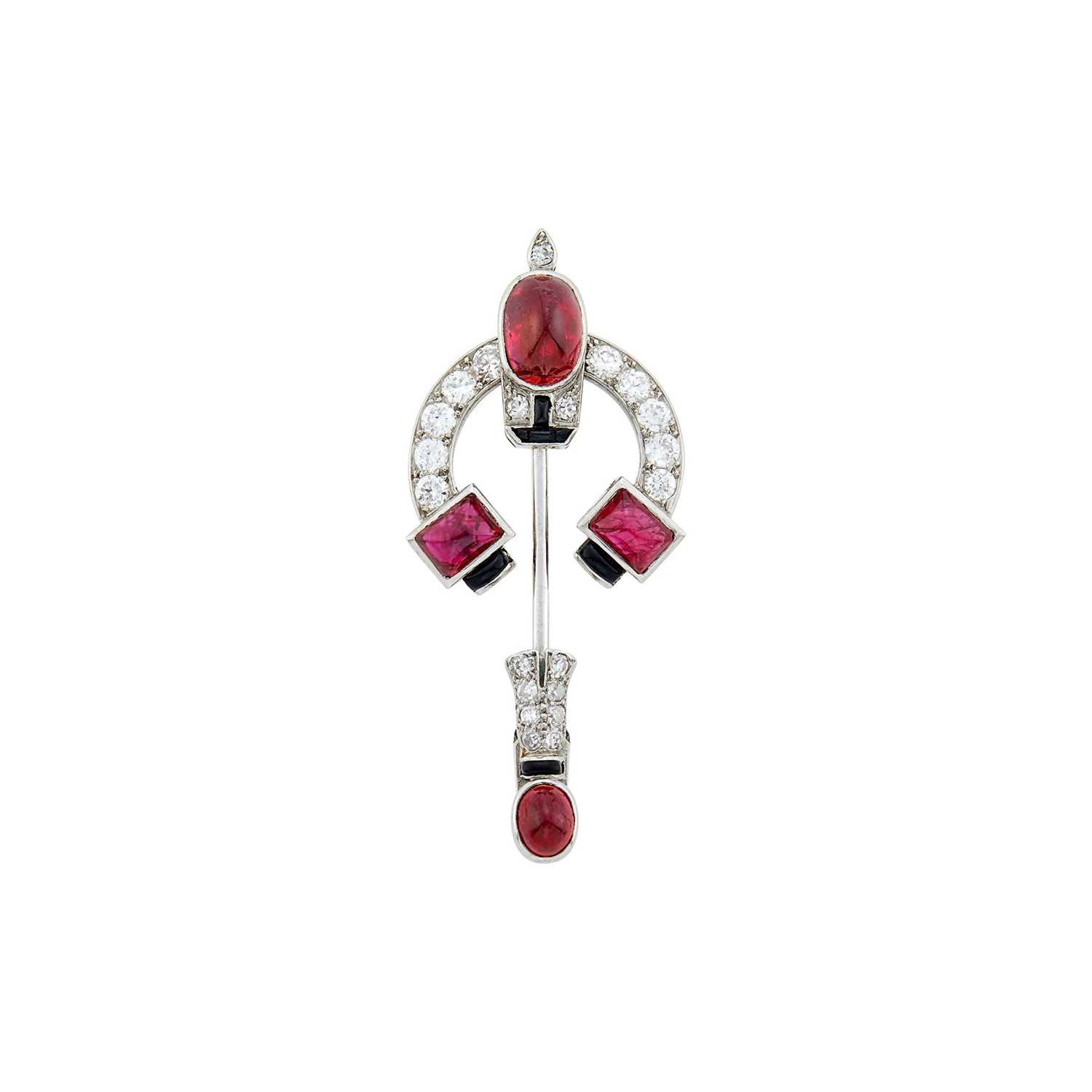 Lot 186 - Cartier Platinum, Cabochon Ruby, Black Onyx and Diamond Jabot, France