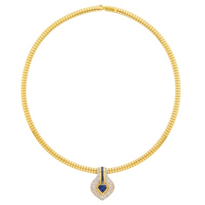 Lot 1240 - Two-Color Gold, Sapphire and Diamond Pendant with Omega Necklace