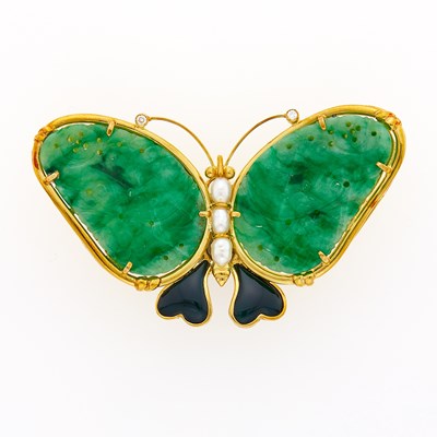 Lot 1020 - Gold, Carved Jade, Black Onyx, Diamond and Cultured Pearl Butterfly Enhancer