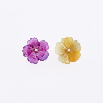 Lot 3033 - Pair of Gold, Carved Pink and Yellow Sapphire and Diamond Flower Earrings
