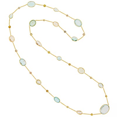 Lot 1059 - Long Gold, Aquamarine, Morganite and Diamond Chain Necklace