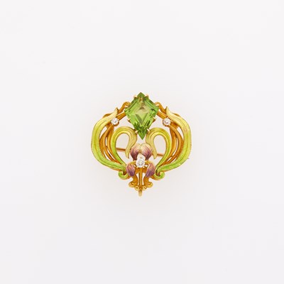 Lot 1112 - Art Nouveau Gold, Enamel, Peridot and Diamond Pendant-Brooch