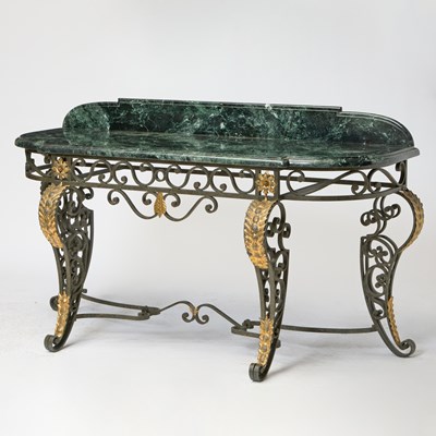 Lot 590 - Art Deco Style Marble Top Parcel-Gilt Iron Console