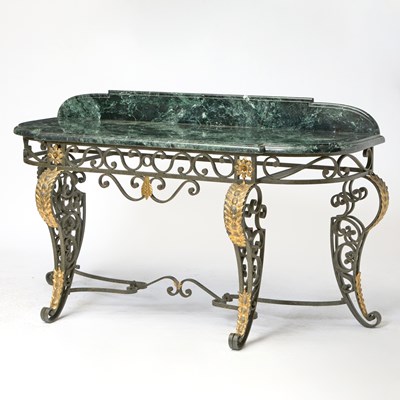 Lot 309 - Art Deco Style Marble Top Parcel-Gilt Iron Console