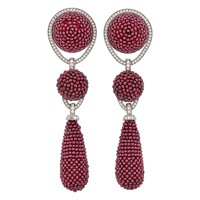 Lot 53 - Sabbadini Pair of White Gold, Garnet Bead and Diamond Pendant-Earclips