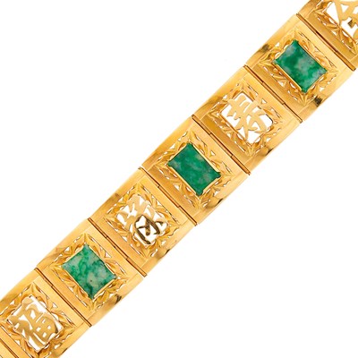 Lot 1255 - Gold and Jade Link Bracelet