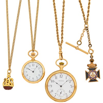 Lot 1122 - Waltham Two Gold Pocket Watches with Low Karat Gold and Gold-Filled Chain Necklaces