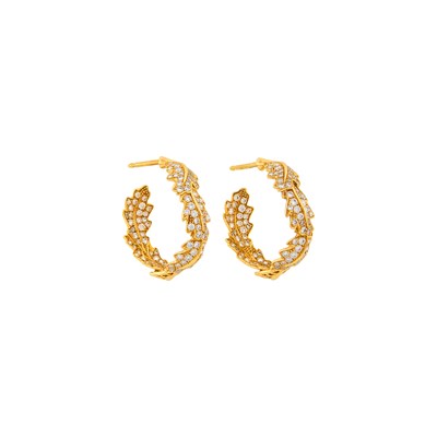 Lot 79 - Asprey Pair of Gold and Diamond 'Woodland Collection' Hoop Earrings