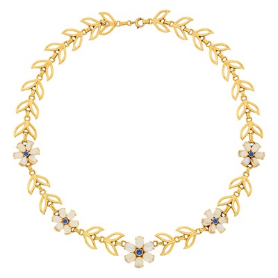 Lot 108 - Gold, Moonstone and Sapphire Flower Necklace