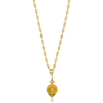 Lot 112 - Golay Fils & Stahl Edwardian Gold, Enamel, Diamond and Aquamarine Pendant-Watch with Chain Necklace