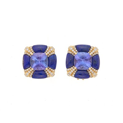 Lot 1243 - Pair of Gold, Lapis, Cabochon Tanzanite and Diamond Earrings