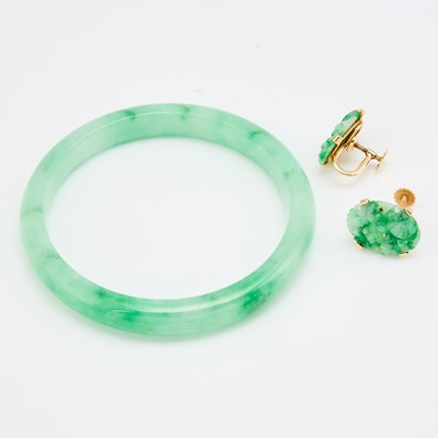 Lot 1253 - Pair of Carved Jade Earrings and Bangle Bracelet