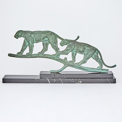 Lot 168 - Italian Art Deco Green Patinated Bronze Group of Two Panthers