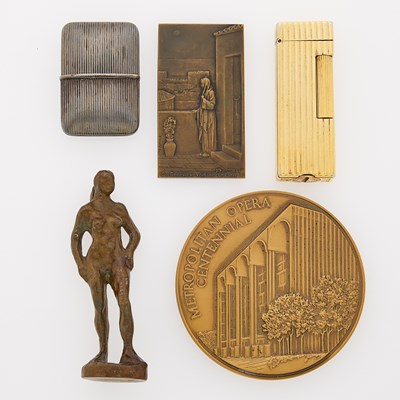 Lot 1306 - E. Gubelin Silver Travel Watch, Dunhill Gold-Filled Cigarette Lighter, Metropolitan Opera Centennial Medallion, Dermott Miller Bronze Figurine and Bronze Plaque