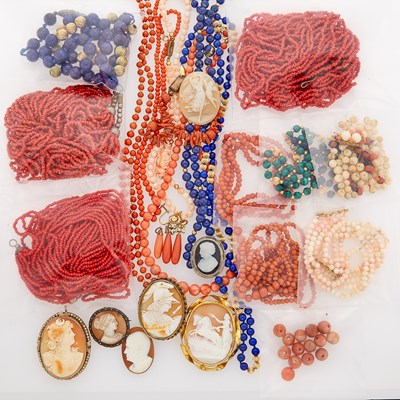 Lot 1308 - Group of Gold, Metal and Coral and Hardstone Bead Necklaces and Shell Cameo Brooches