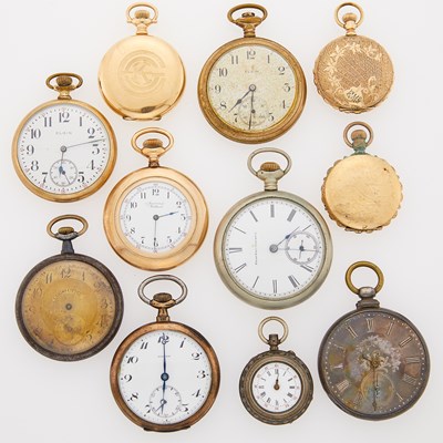 Lot 1309 - Group of Gold-Filled, Silver, Nickle and Metal Pocket Watches and Pendant