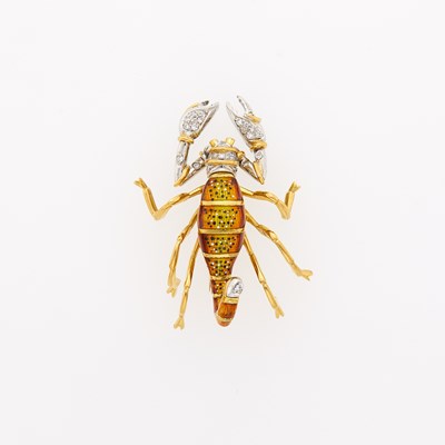 Lot 1310 - Two-Color Gold, Enamel and Diamond Scorpion Pin