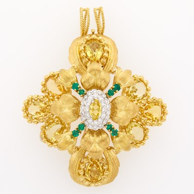 Lot 1312 - Two-Color Gold, Citrine, Emerald and Diamond Pendant-Brooch