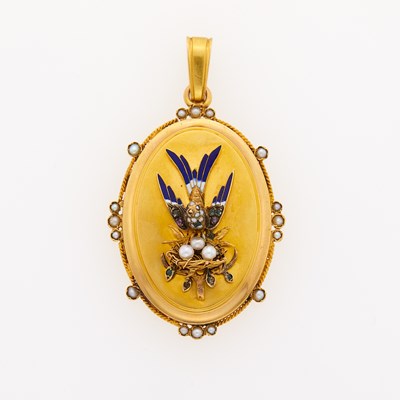 Lot 1313 - Antique Gold, Enamel and Split Pearl Locket Pendant