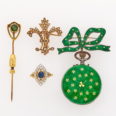 Lot 1314 - Stainless Steel and Enamel Lapel-Watch and Group of Gold, Low Karat Gold, Diamond, Colored Stone and Split Pearl Jewelry