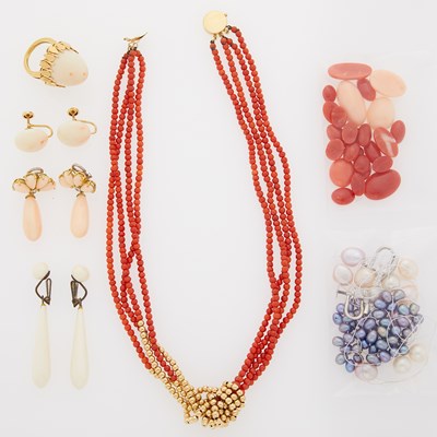 Lot 1316 - Group of Gold, Metal, Coral, Cultured Pearl Jewelry and Unmounted Stones