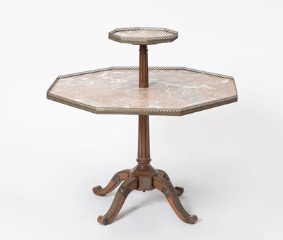 Lot 130 - Louis XVI Style Brass-Mounted Mahogany Marble Octagonal Top Two-Tier Table