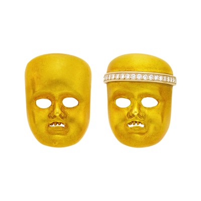 Lot 11 - Barry Keiselstein-Cord Pair of Gold and Diamond Mask Pins