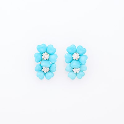 Lot 1068 - Pair of White Gold, Turquoise and Diamond Flower Eaclips