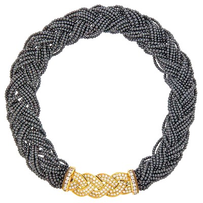 Lot 104 - Braided Multistrand Hematite Bead, Gold and Diamond Necklace