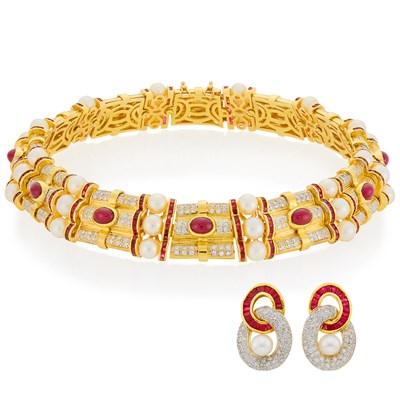 Lot 108 - Two-Color Gold, Cultured Pearl, Ruby and Diamond Necklace and Pair of Earclips