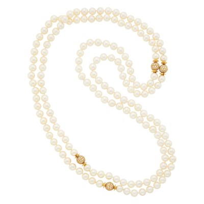 Lot 143 - Long Cultured Pearl, Gold and Diamond Necklace/Four Nesting Necklaces Combinaton