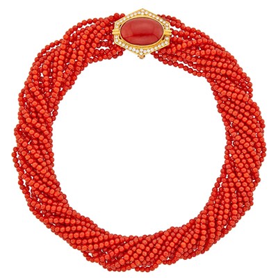 Lot 14 - Multistrand Oxblood Coral Bead Torsade Necklace with Gold, Oxblood Coral and Diamond Pendant-Brooch Clasp