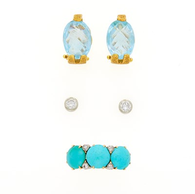 Lot 1177 - Pair of Gold and Blue Topaz Earrings, Turquoise and Diamond Ring and Pair of White Gold and Diamond Stud Earrings