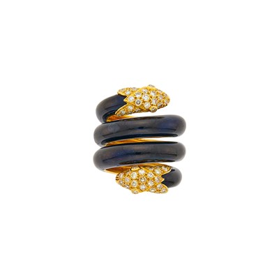 Lot 97 - Christian Dior Gold, Black Enamel and Diamond Coiled Serpent Ring